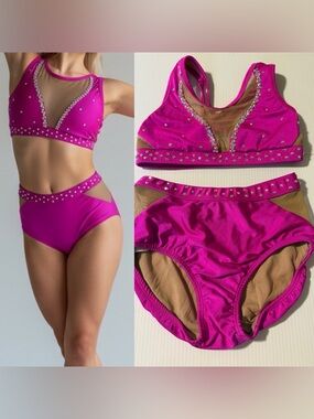 Opra solo custom dance costume leotard 2 piece hot pink rhinestoned MC/LC child